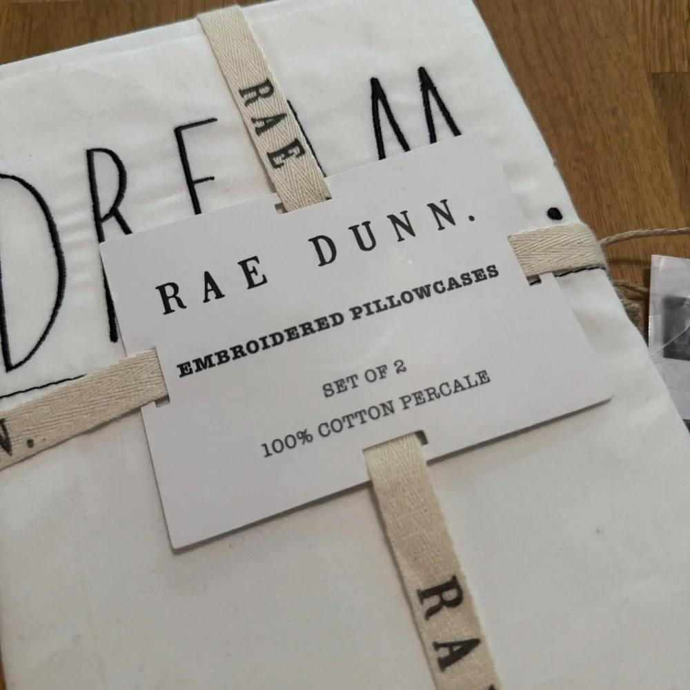 Rae Dunn Dream Embroidered White 100% Cotton Percale Pillow Cases NEW